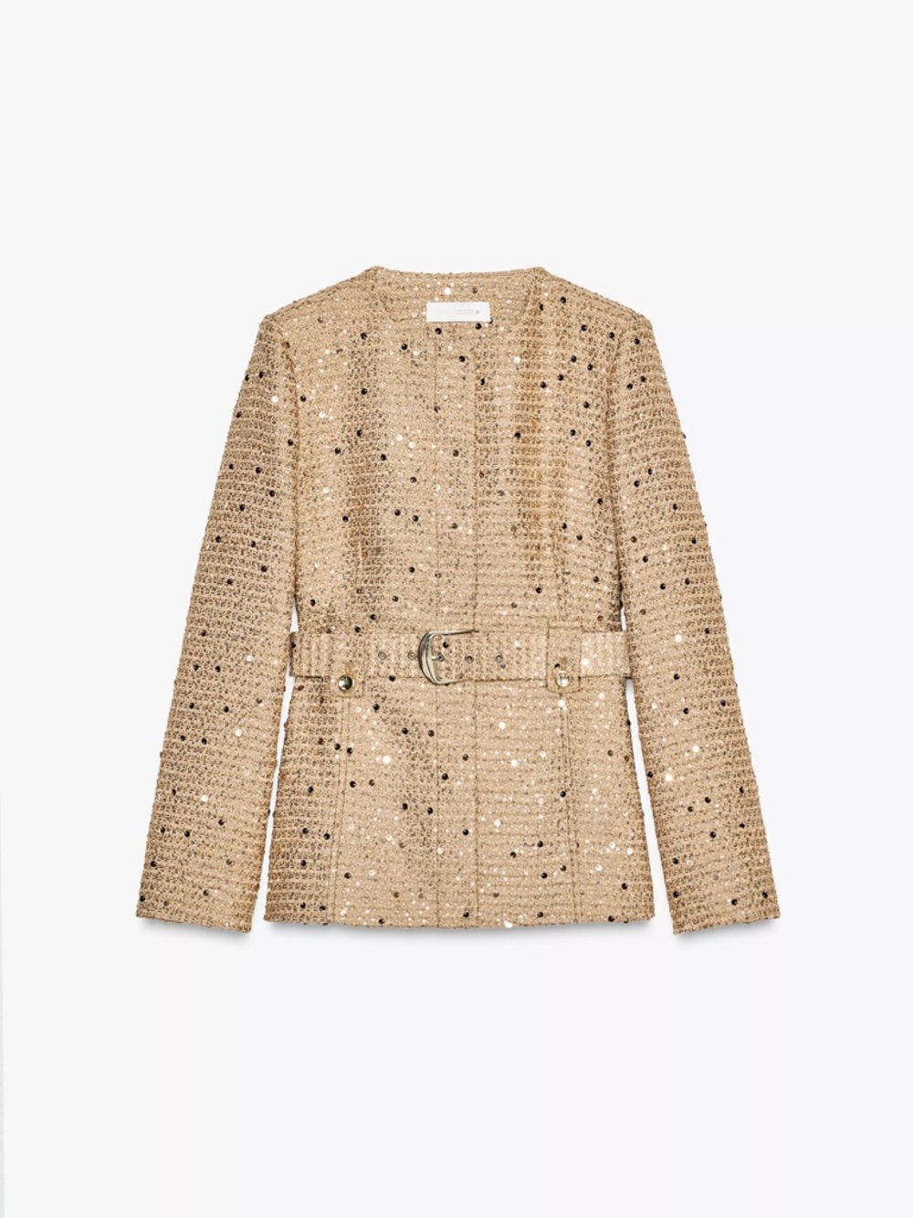 Zara Sequin-Embellished Belted Tweed Jacket in Champagne Gold